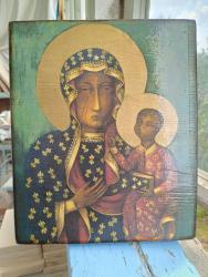 Состаренная икона из массива дерева Ченстоховская Божия матерь. Размер 40х60 см. Ручная работа