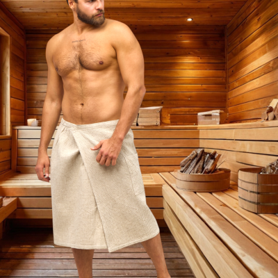 Банный килт: ширина 145, длина 65, на талии резинка, карман с левой стороны, запАх (липучка 25 см) 